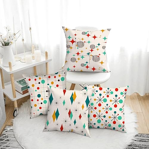 Miniatura 5 de Juego de 4 fundas de almohada retro para sofá, silla, sala de estar, dormitorio, mediados de siglo, años cincuenta, juego de 4 fundas de almohada