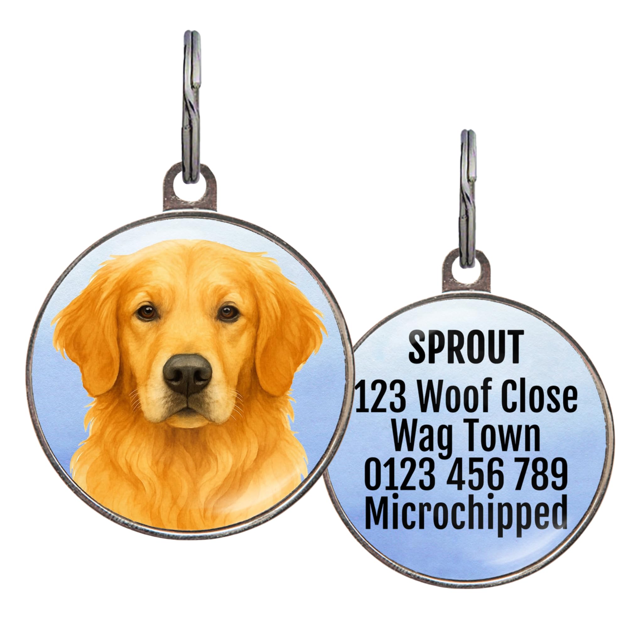 Golden Retriever Dog Tag – Add Text to Back – Watercolour Pet ID Tag with Golden Retriever Illustration – 4 Colour Options – Metal Double-Sided Dog Name Tag – Small & Large Sizes