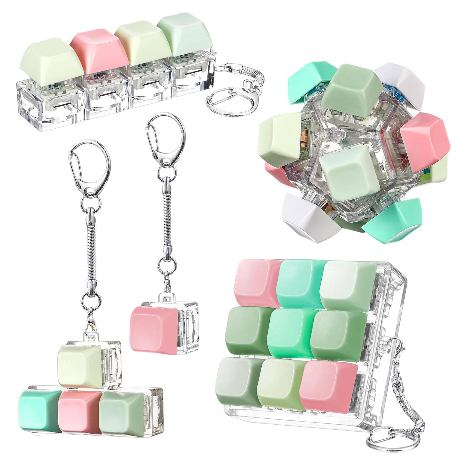 5-Piece Green Clicky Fidget Keychain, Stress Relief Gadget for Adults, Plastic Keyboard Clicker, Portable Office Desk Accessory for Commute and Travel