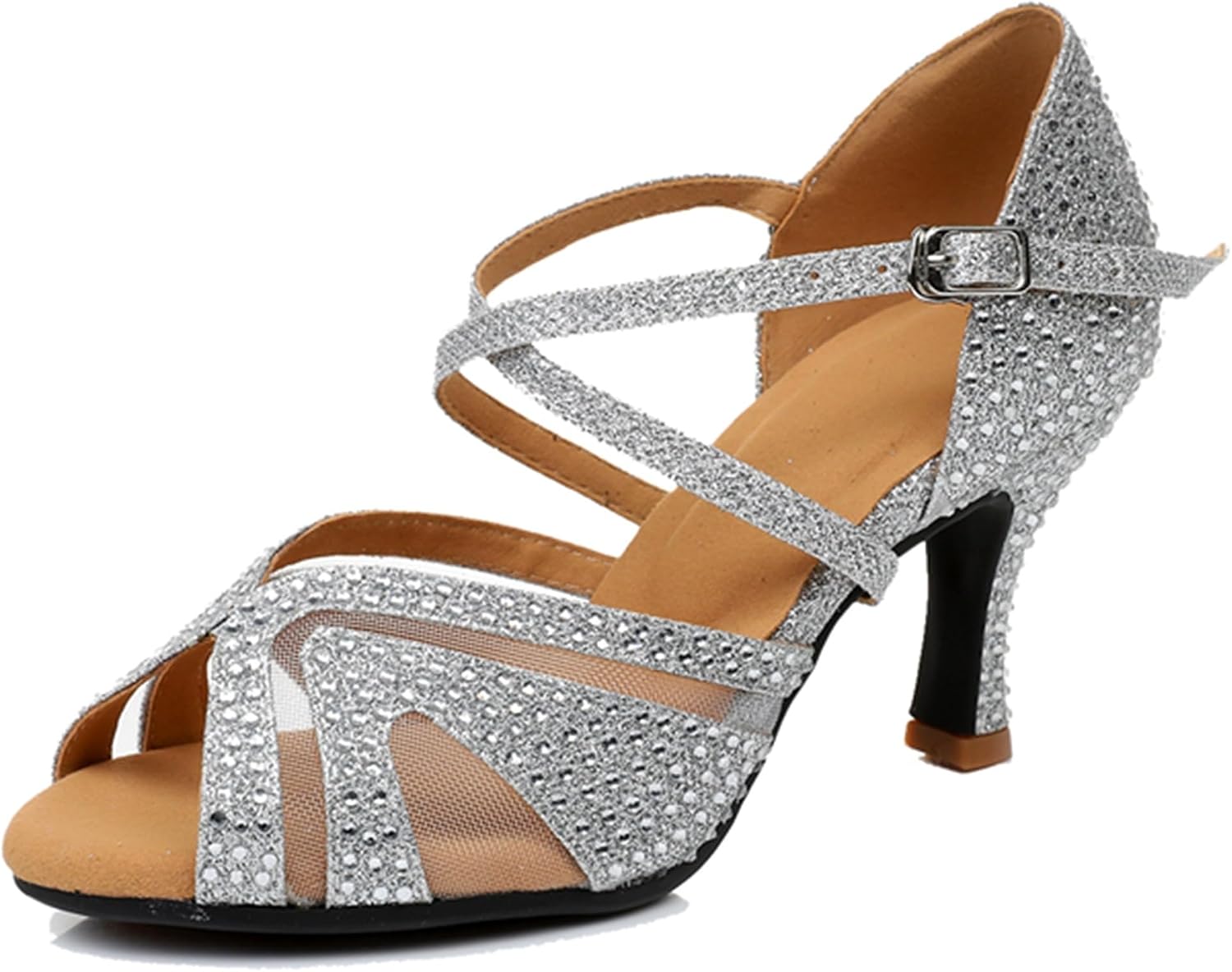 Womens Elegant Dancing Heels Mesh Wedding Evening Shoes with Rhinestone