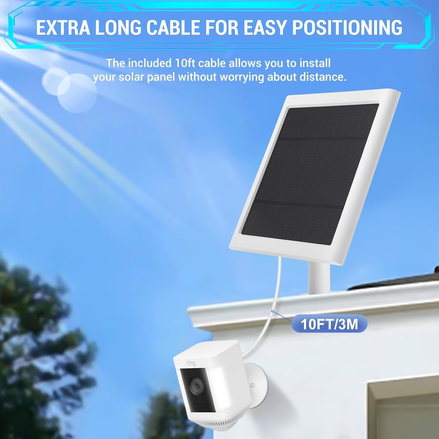 Solar Panel Outdoor for Ring Cameras (White 3P) Spotlight Cam Plus/Pro(Battery) Stick Up Cam/Pro Wireless Outdoor with 10FT/3M Long Cable Dustproof Waterproof