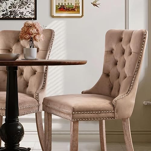 Miniatura 7 de Juego de 4 sillas de comedor tapizadas de terciopelo, sillas laterales de cocina de estilo moderno con ribete de cabeza de clavo y patas de madera,