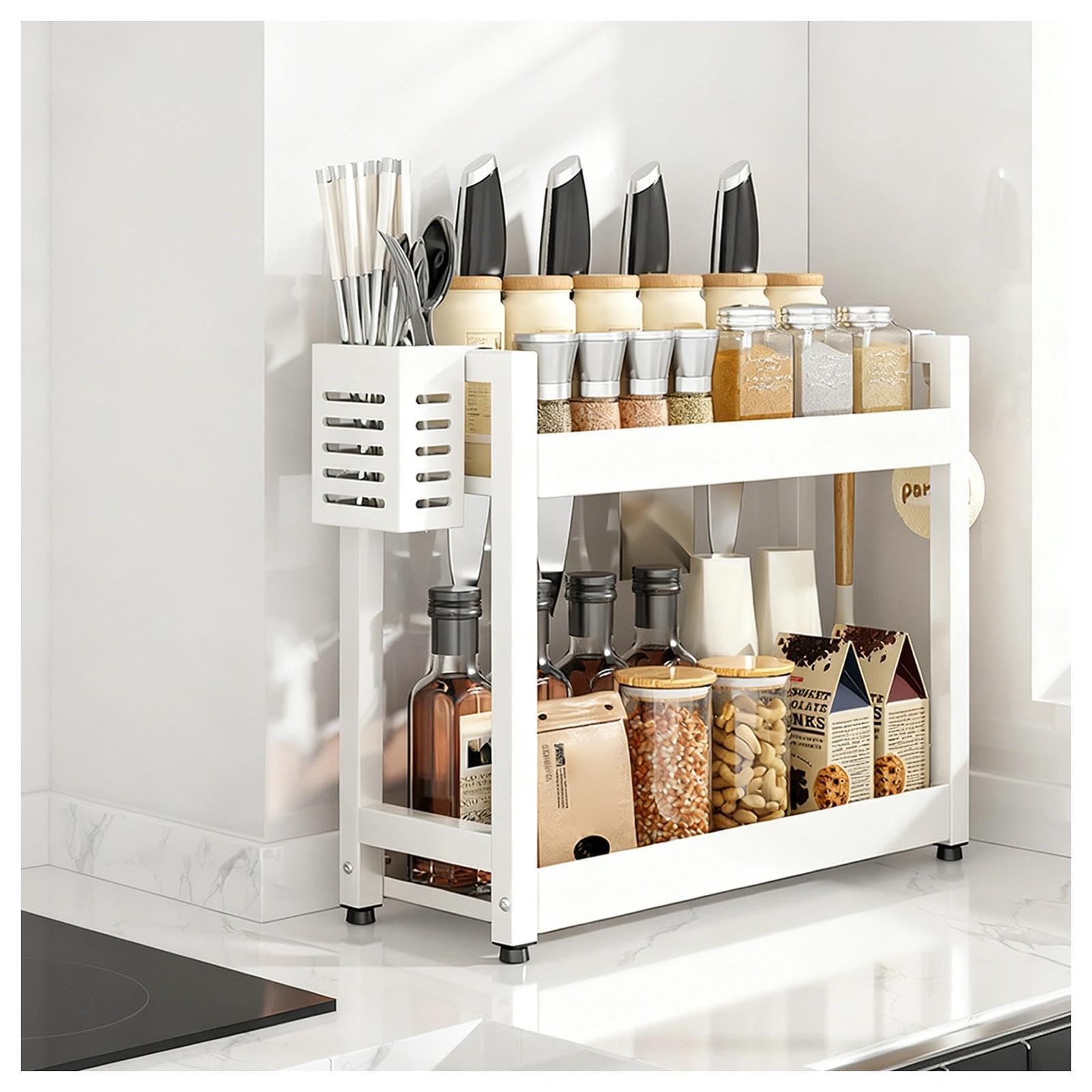 GLJTUO 3-Tier Spice Rack - Standing Desktop Storage Shelf with Hooks & Utensil Holder - Kitchen & Bathroom nization - White, 50cm Countertop Solution for Pantry Storage (White 2,White-2 Tier-50cm