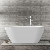 GAOMON 59" Freestanding Acrylic Soaking Tub, Gloss White Standalone Bathtub with Matte Silver Drain & Overflow - Durable Contemporary Design