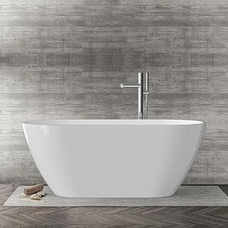 GAOMON 59" Freestanding Acrylic Soaking Tub, Gloss White Standalone Bathtub with Matte Silver Drain & Overflow - Durable Contemporary Design