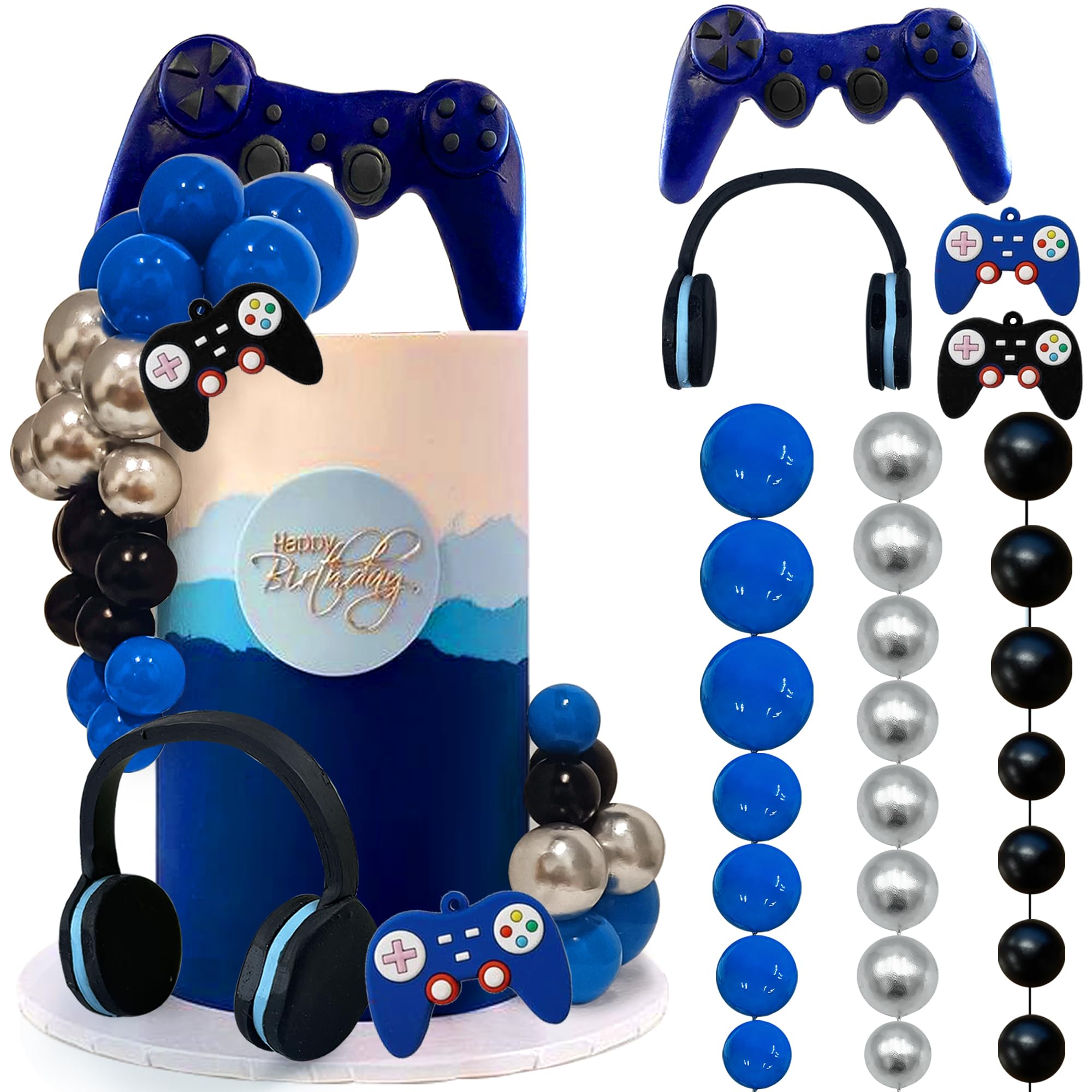 30 PCS Video Game Themed Cake Toppers - Headset, Ball, Controller Cake Decoration for Game Theme Birthday Party (Blue)
