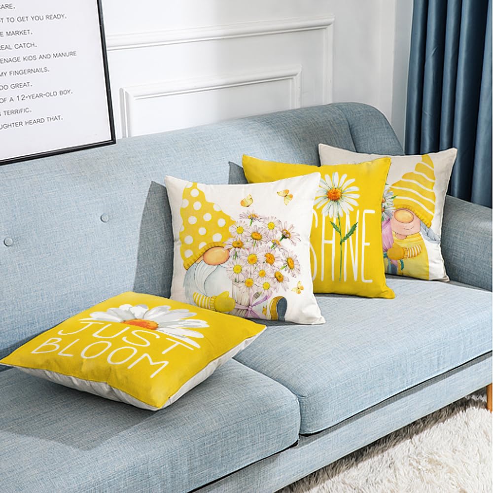 All Smiles Set di 4 federe decorative per cuscini da esterno, 66 x 66 cm, per primavera ed estate, decorazioni per la casa, per patio, divano, sedia, divano, margherita, gnomi floreali
