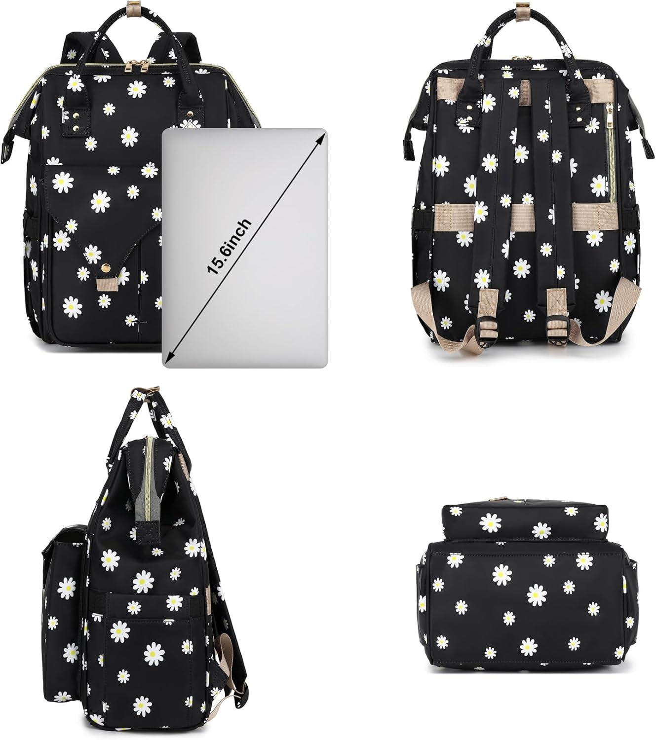 Flowers Laptop Backpack College School Backpack Bookbags Nurse Backpacks Travel Bags Casual Daypacks for Women Girls Fits 15.6 Inch Notebook (Black) - Image 6