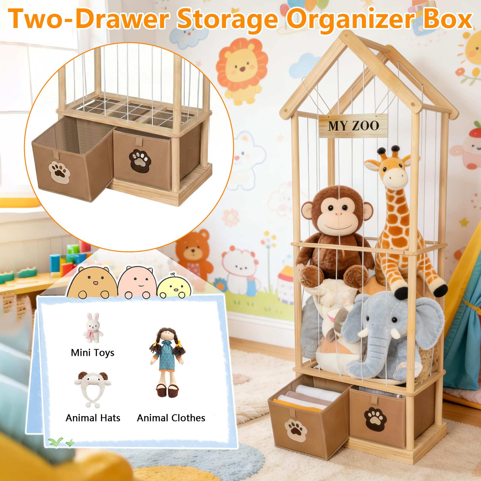 165x58x33cm Plüschtier Aufbewahrung aus Holz mit 2 Schubladen, Massivholz Kiefer Kuscheltier Organizer, Hohes Plüschtier Regal für Kinderzimmer, Spielzimmer & Nursery