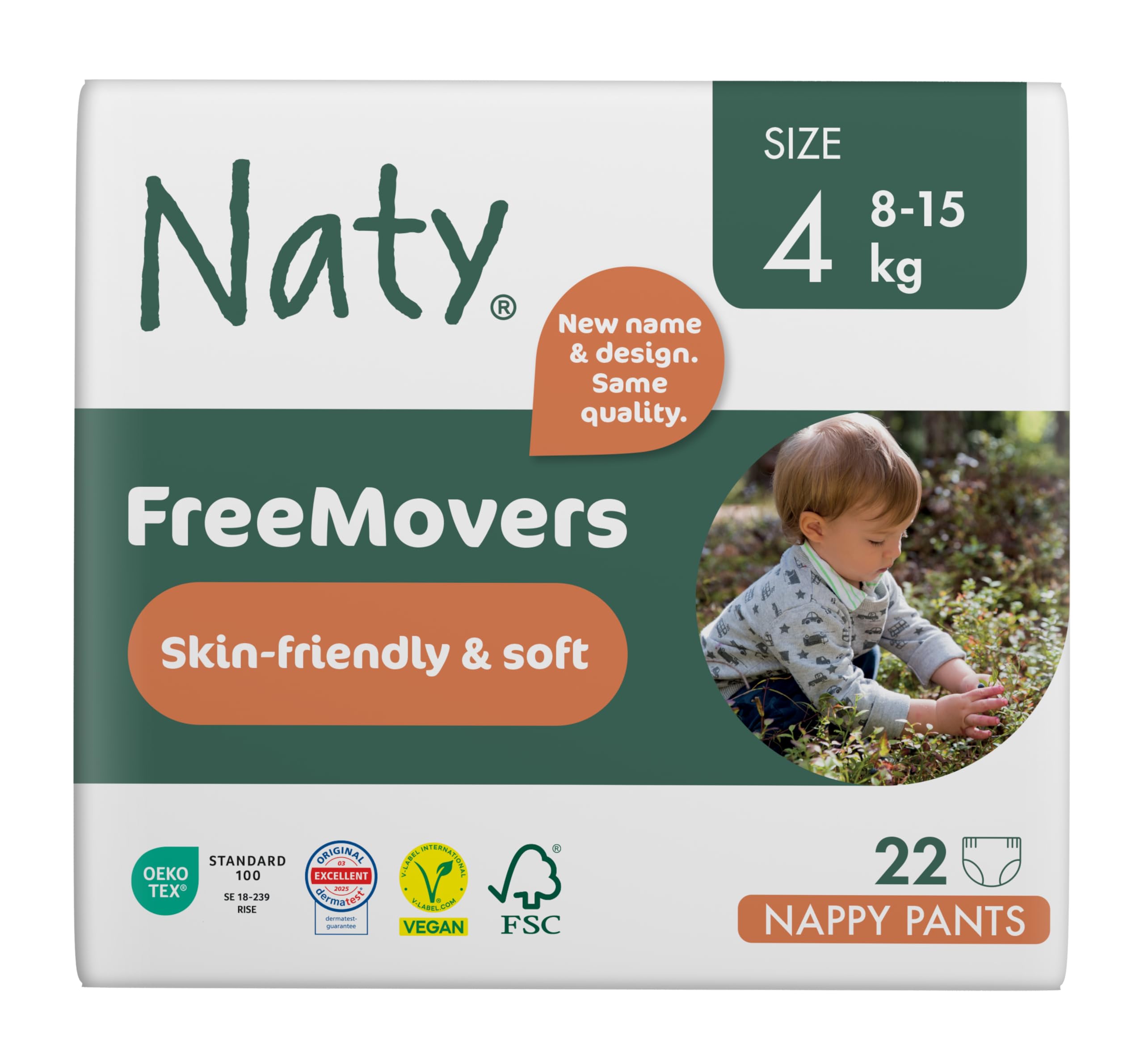 Naty FreeMovers Nappy Pants | Sensitive Skin Certified Potty Training Pants | Soft, Fragrance Free | Absorbent & Leak-Proof | Unisex Baby & Toddler | Size 4 (8-15 kg), 22 Count