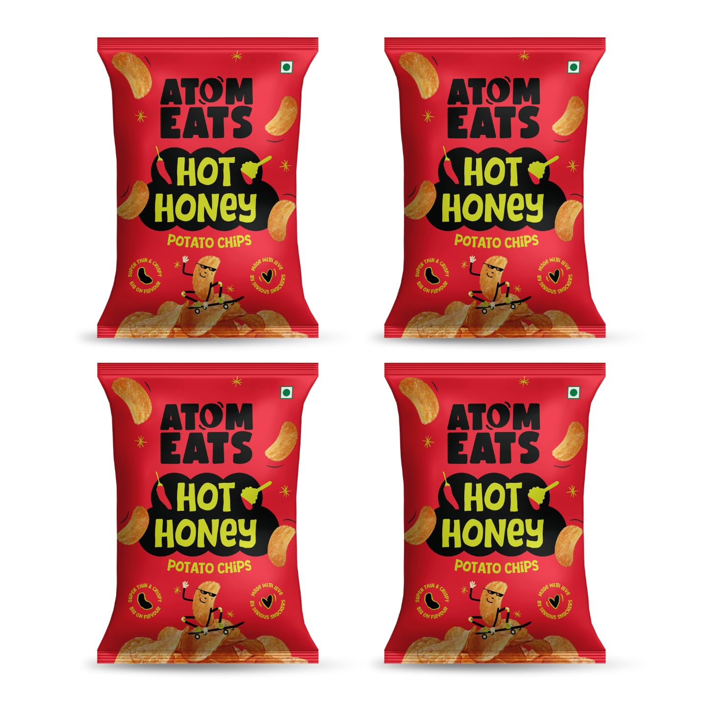 Atom Eats Hot Honey Potato Chips - 60g (Pack of 4) | Seasoned With Sweet Honey and Warming Chilli | Crunchy Gourmet Snacks for Parties, Drinks, Tea & Coffee | Imported Quality | Sweet - Crispy - Namkeen - Spicy | Social Gatherings - Fun Snack - Cafe |-image-38