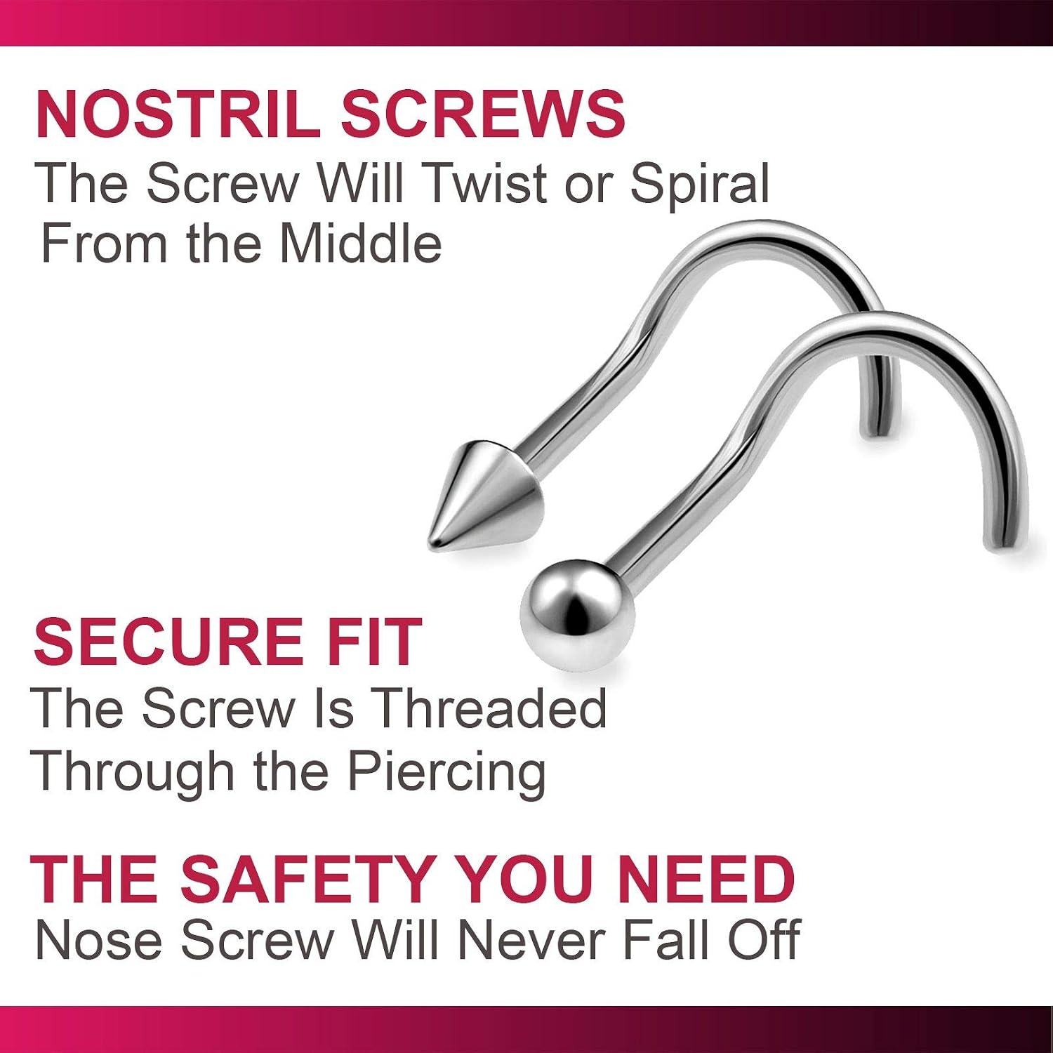 4pcs 20g 0.8mm Nose Screw Rings Nostril Stud Surgical Stainless Steel 2mm Cone Spike 2mm Ball