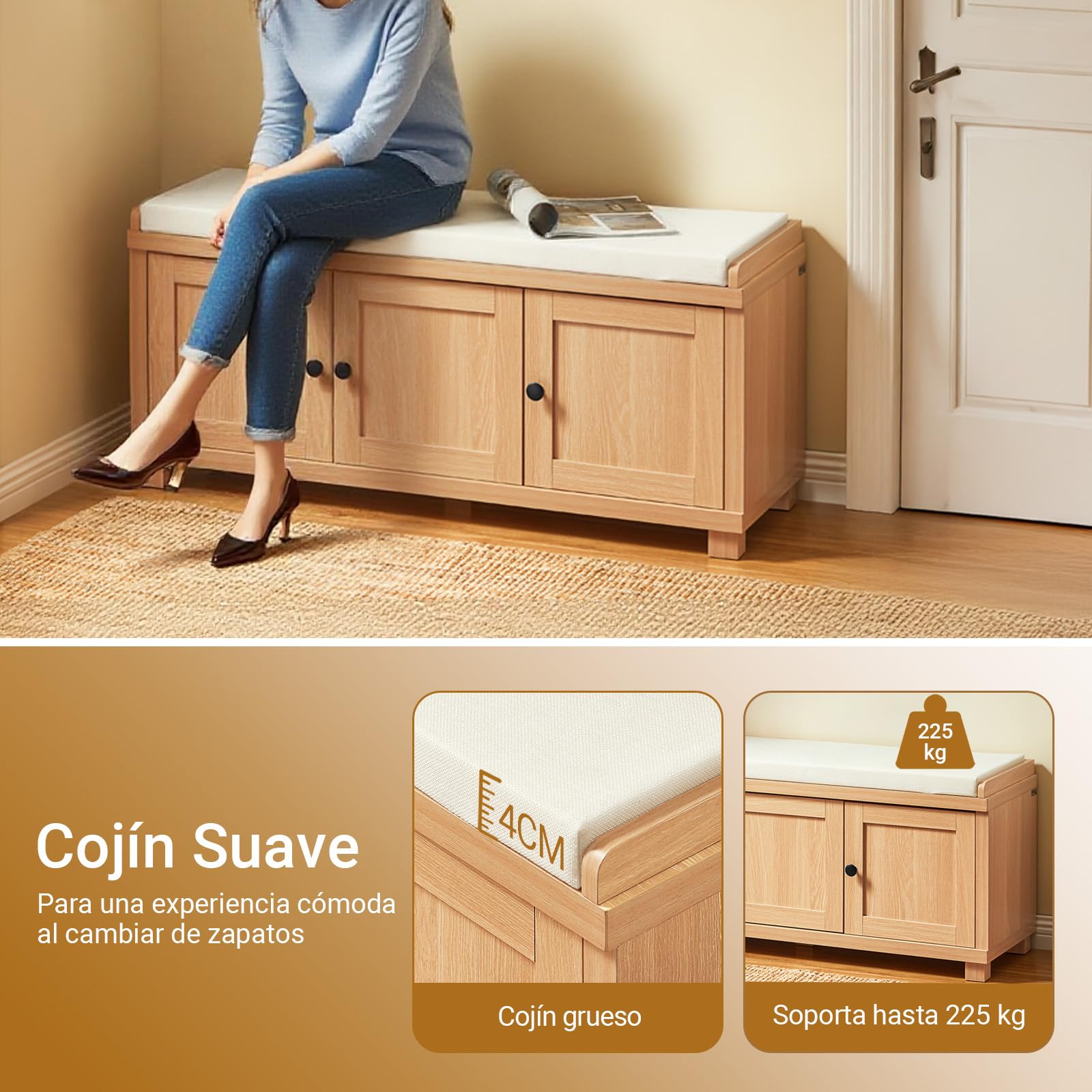 SoBuy Banco Zapatero con 4 Compartimentos 104x35x47cm para recibidor | Banco almacenaje con 3 puertas ocultas y cojín, MDF E1, carga 225kg, natural FSR188-N