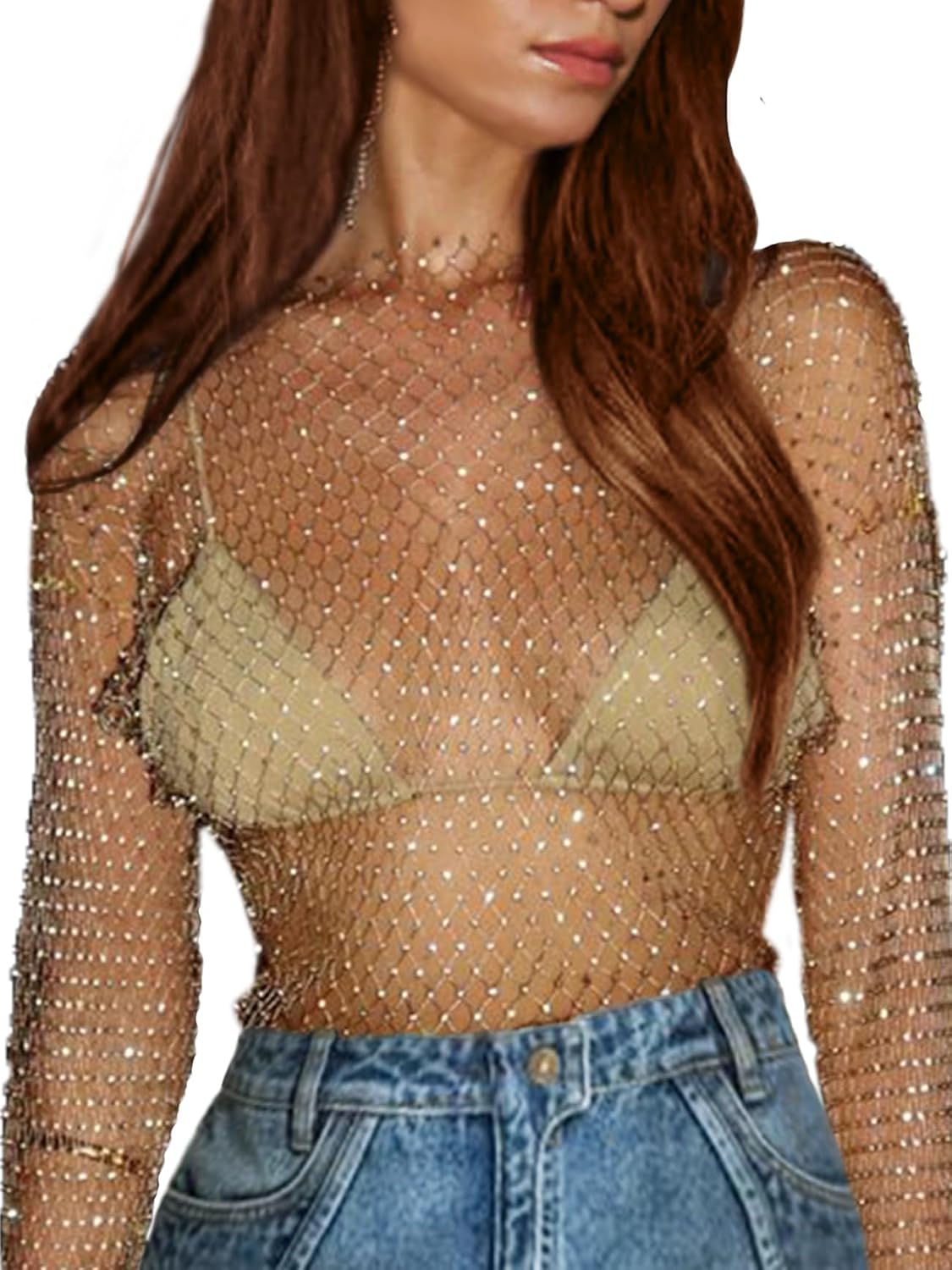 CYCLAMEN Women's Rhinestone Body Chains Long Sleeve Crop Tops Crystal See Through Mesh Diamond Fishnet Shirts Outfits