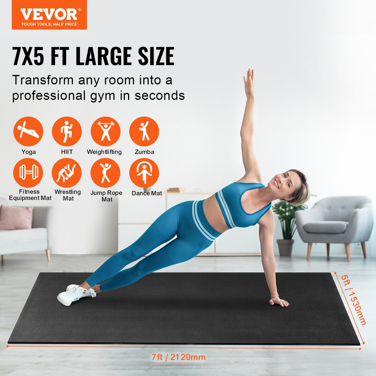 VEVOR Große Trainingsmatte, 3,5 x 1,8 m, 2,4 x 1,8 m, 2,3 x 1,8 m, 2,3 x 1,5 m, 7 mm, extra dick, rutschfest, hochdicht, Premium-Workout-Matte für Damen und Herren, Fitness- und Übungsmatte mit Tasche