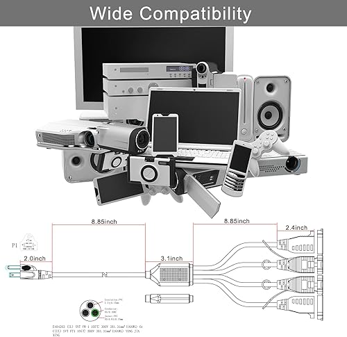 Miniatura 5 de KUNCAN Cable divisor de alimentación de 4 tomas, adaptador de enchufe múltiple de 3 clavijas de 1 a 4 vías, macho a hembra, cable de extensión