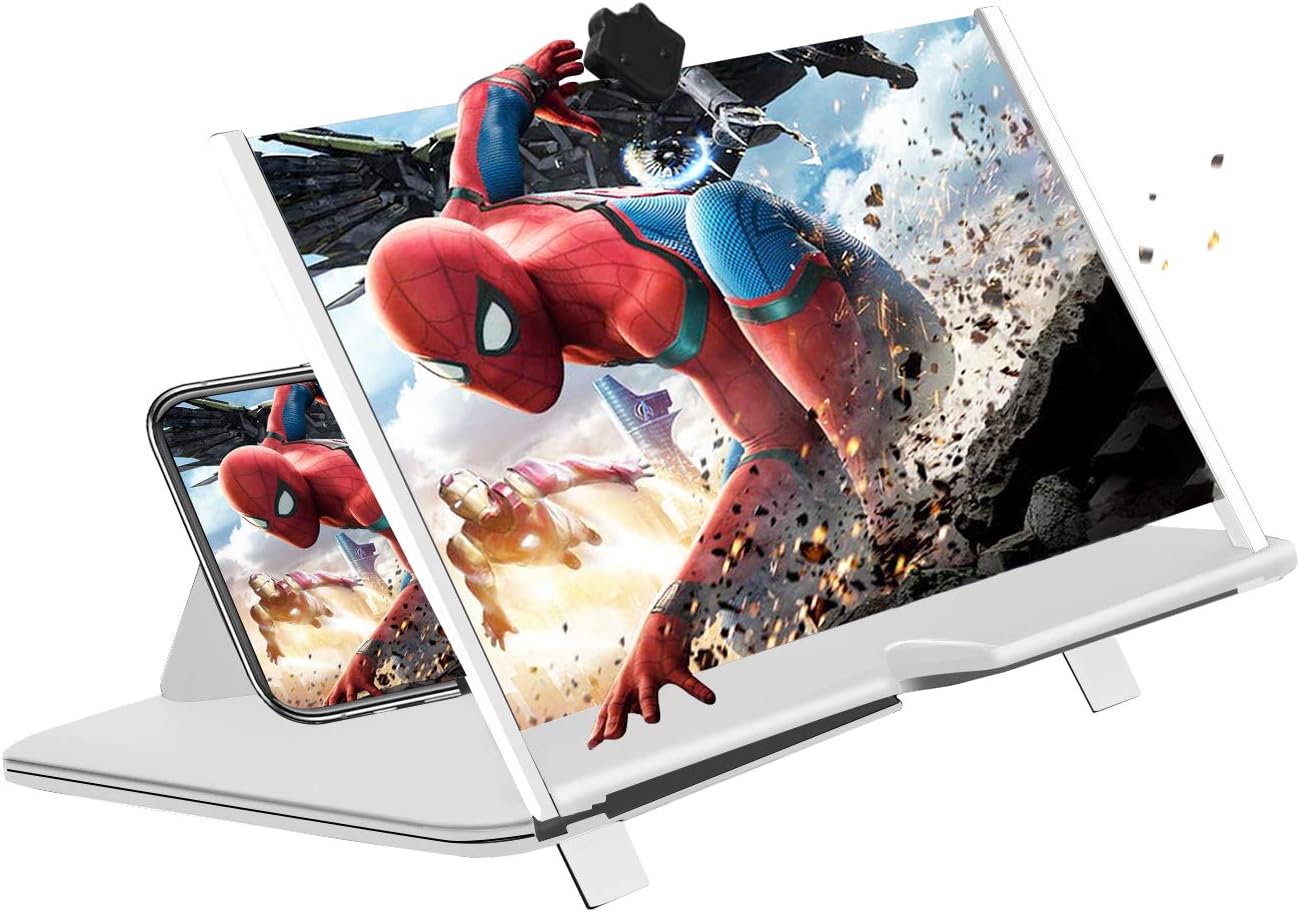 12" Phone Screen Magnifier 3D Screen Amplifier HD Mobile Phone Magnifier, Videos and Gaming– Foldable Phone Stand with Screen Amplifier–Supports All Smartphones(White)