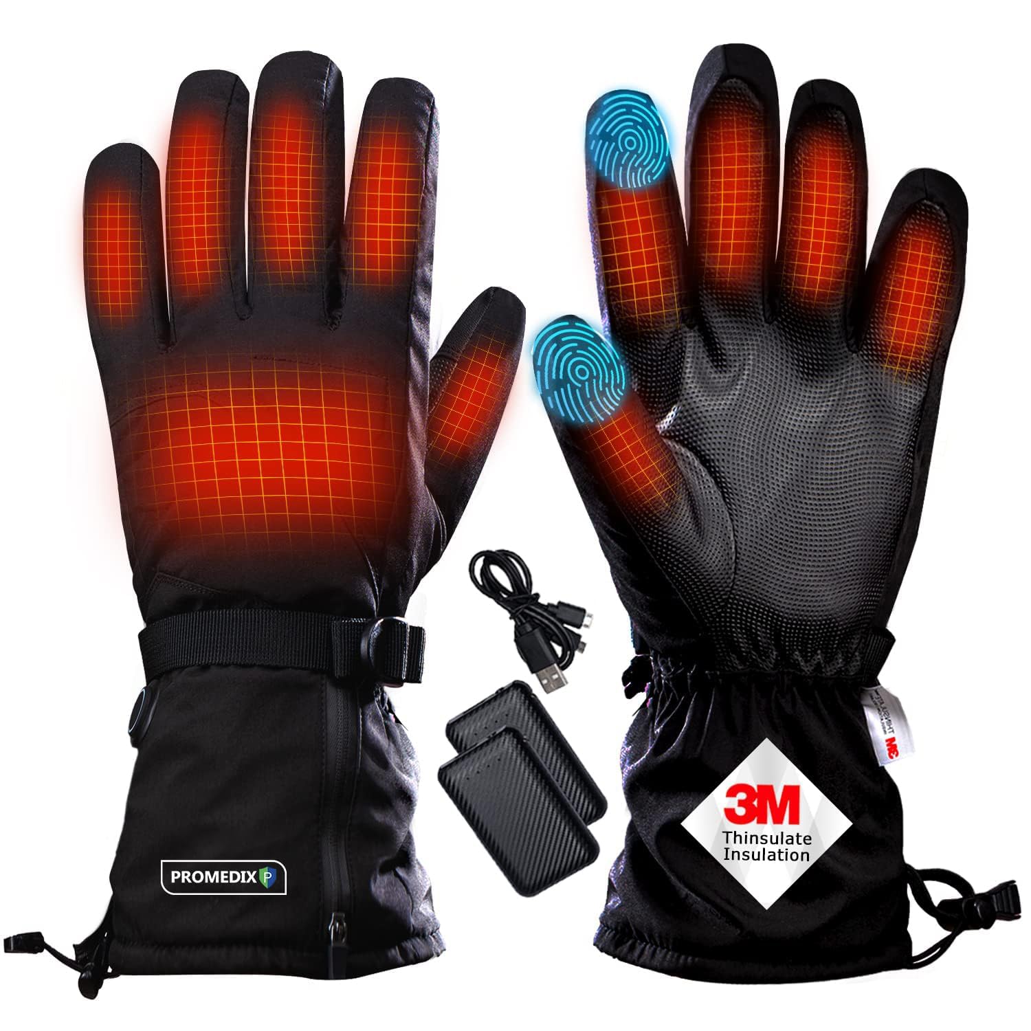 PROMEDIX P Electric Heated Gloves for Men with 8000mAh Rechargeable Batteries Lasts 8 Hours, 3 Temperature Levels & Touchscreen, Waterproof Women Heating Gloves for Winter Outdoor Skiing Hiking