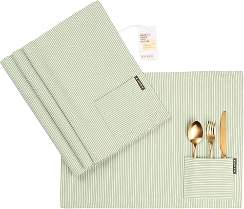 MEEMA Manteles individuales de tela con bolsillos, manteles individuales de cocina de algodón reciclado, manteles individuales de escritorio de