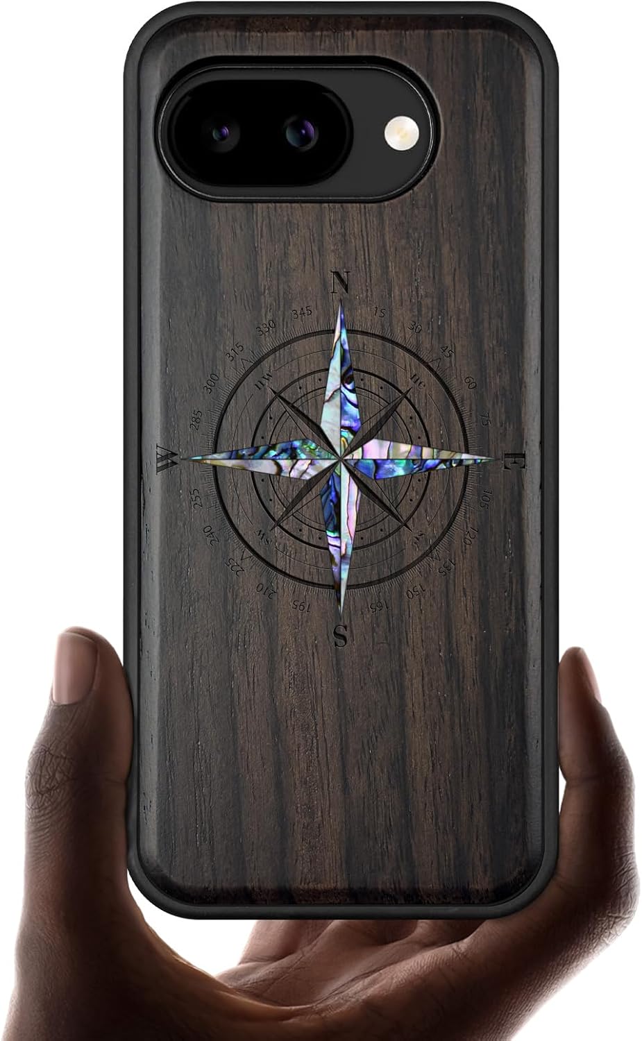 Carveit Magnetic Wooden Case for Google Pixel 10a Case, Wood Artisan Engraved & Handmade Shell Inlaid, Compatible with MagSafe Wireless Chargers (Shell Compass) Blackwood