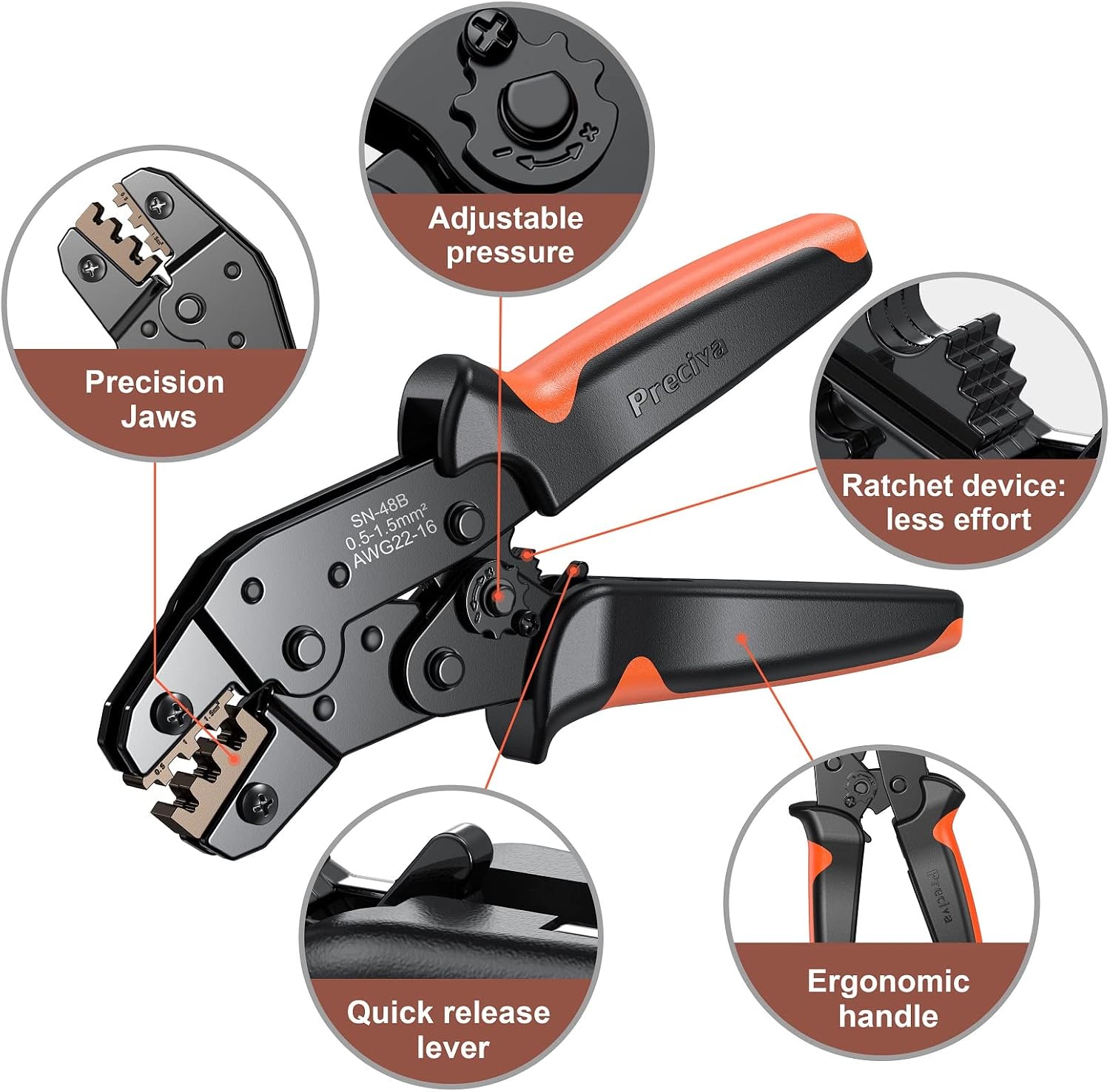 Wire Terminals Crimping Plier Tool, Preciva AWG22-16(0.5-1.5mm²) Self-Adjusting Automatic Ratcheting Wire Terminals Crimper Tool Used for Flat Spade Connectors.
