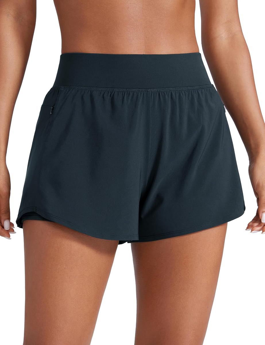 CRZ YOGA Pantalones cortos para correr 2 en 1 de doble capa de 3" | Talle alto, secado rápido, livianos, bolsillos con cremallera, para mujer