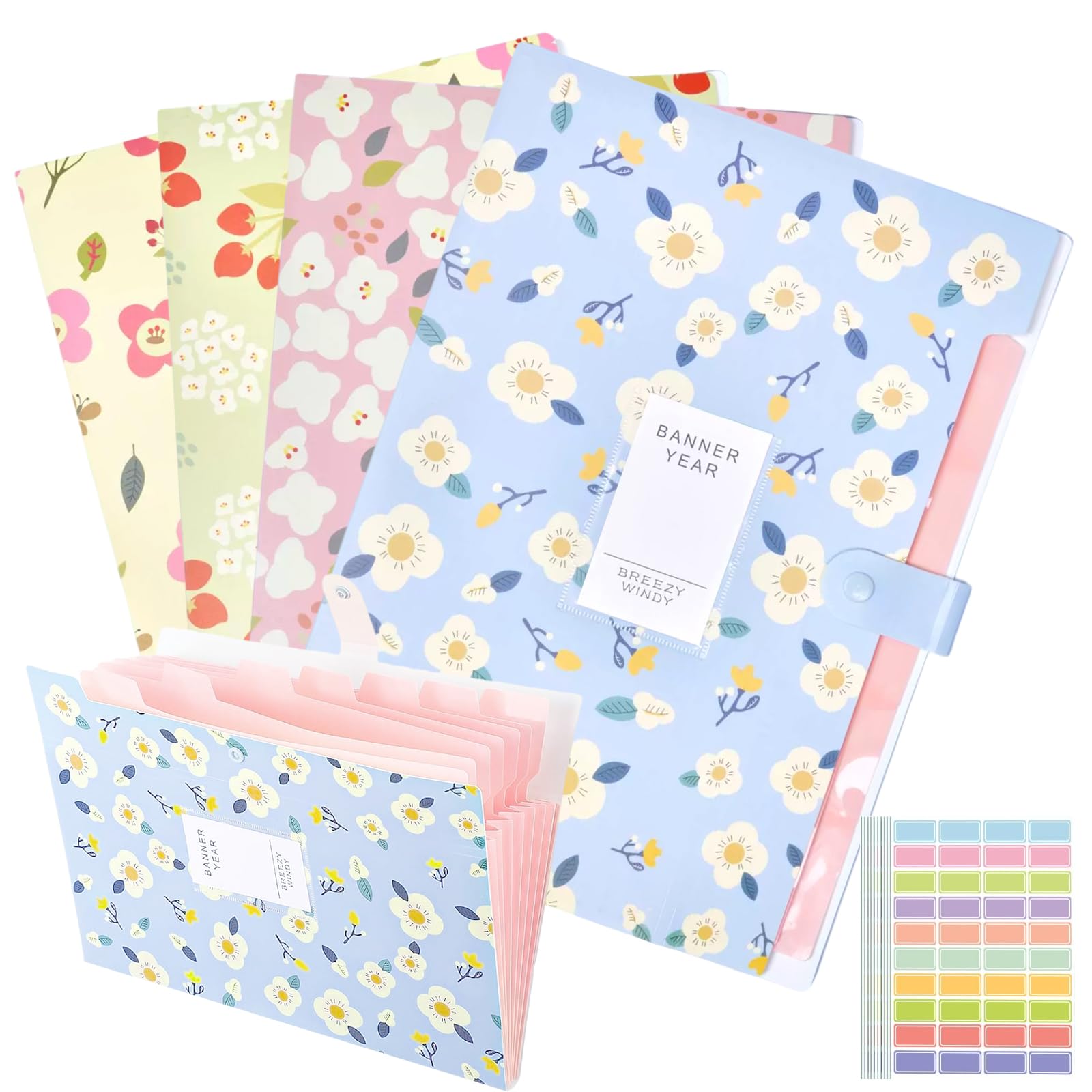 A4 Expanding File Organiser with 8 Pockets, 4PCS Poly Pockets Document Organiser with Tabs, Pockets Filing Box Floral Pattern for School Office Home