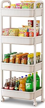 JOYZAN 4 Tier Rolling Carts with Wheels, Utility Cart with Handle and Locking Caster, Storage Cart for Kitchen, Office, Bedroom, Suitable for Diaper, Art Tools, Snack, Craft Storage Cabinet, White