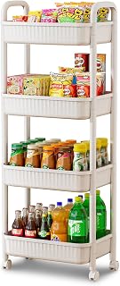 JOYZAN 4 Tier Rolling Carts with Wheels, Utility Cart with Handle and Locking Caster, Storage Cart for Kitchen, Office, Bedroom, Suitable for Diaper, Art Tools, Snack, Craft Storage Cabinet, White
