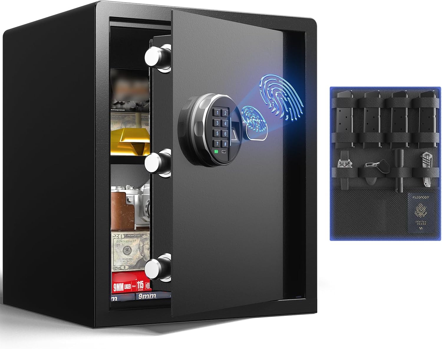 Grimtron Biometric Gun Safe with door open, showing interior storage and biometric keypad.