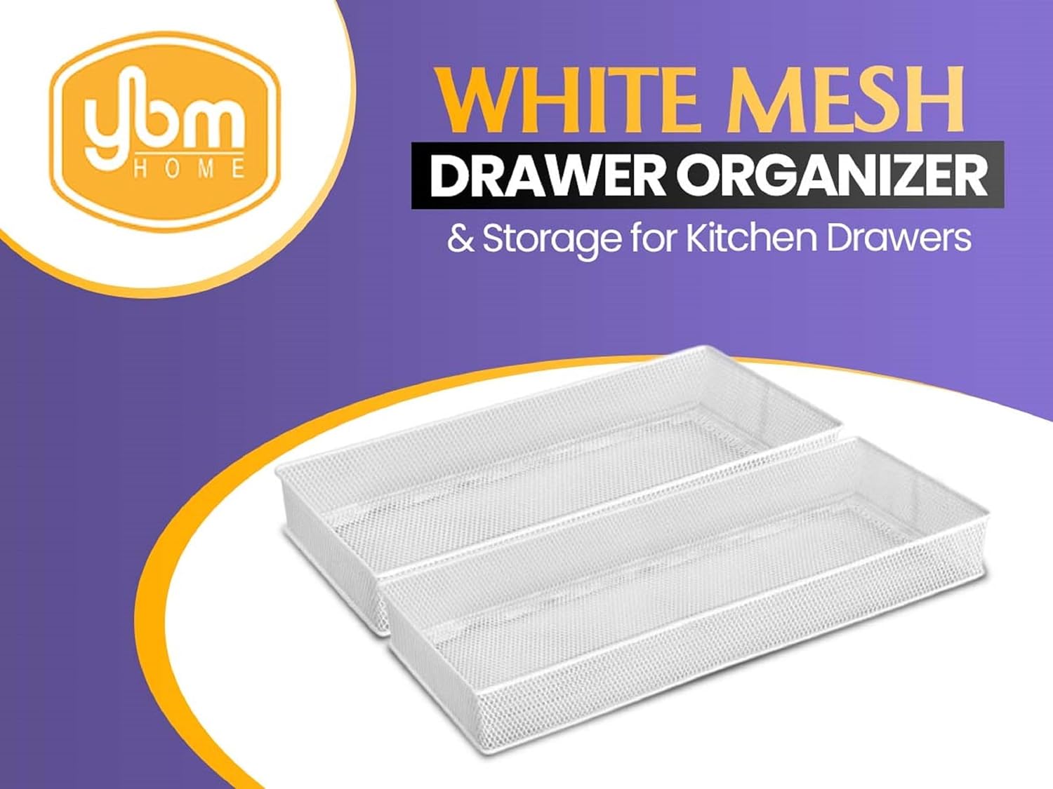 YBM HOME White Mesh Drawer Organizer and Storage for Kitchen Drawers, Serves as School Supply Holder, Office Desktop Organizer Basket, Makeup and Craft Supplies Organization, (2 Pack, 8x12x2 Inch)