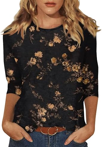 Womens Casual Tops 3/4 Sleeve Cute Floral Print Tshirt Three Quarter Sleeve Tops 2025 Plus Size Tee Tunic Blouses