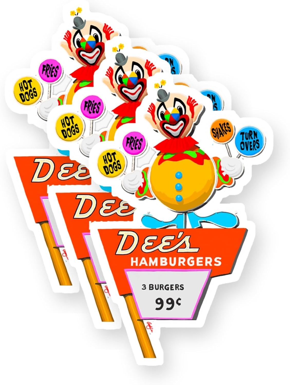 Vintage Dee's Burger Clown Sign Vinyl Stickers 3 Pack 3 Inch