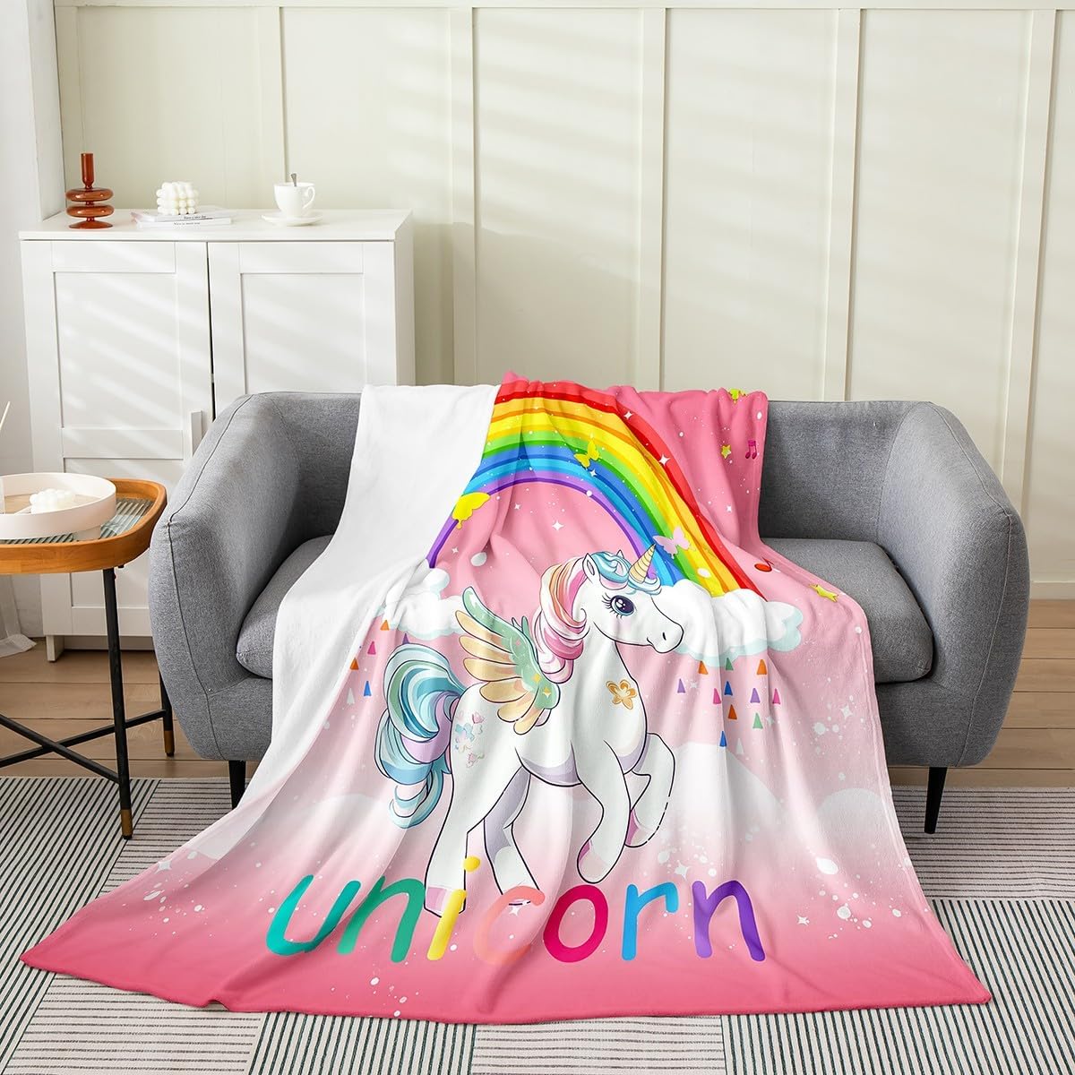 Erosebridal Pink Unicorn Kids Throw Blanket for Girls - Queen Size Kawaii Rainbow Unicorn Flannel Fleece Blanket with Cute White Horse Design, Geometric Stars and Clouds, Ombre Unicorn Bed Blanket