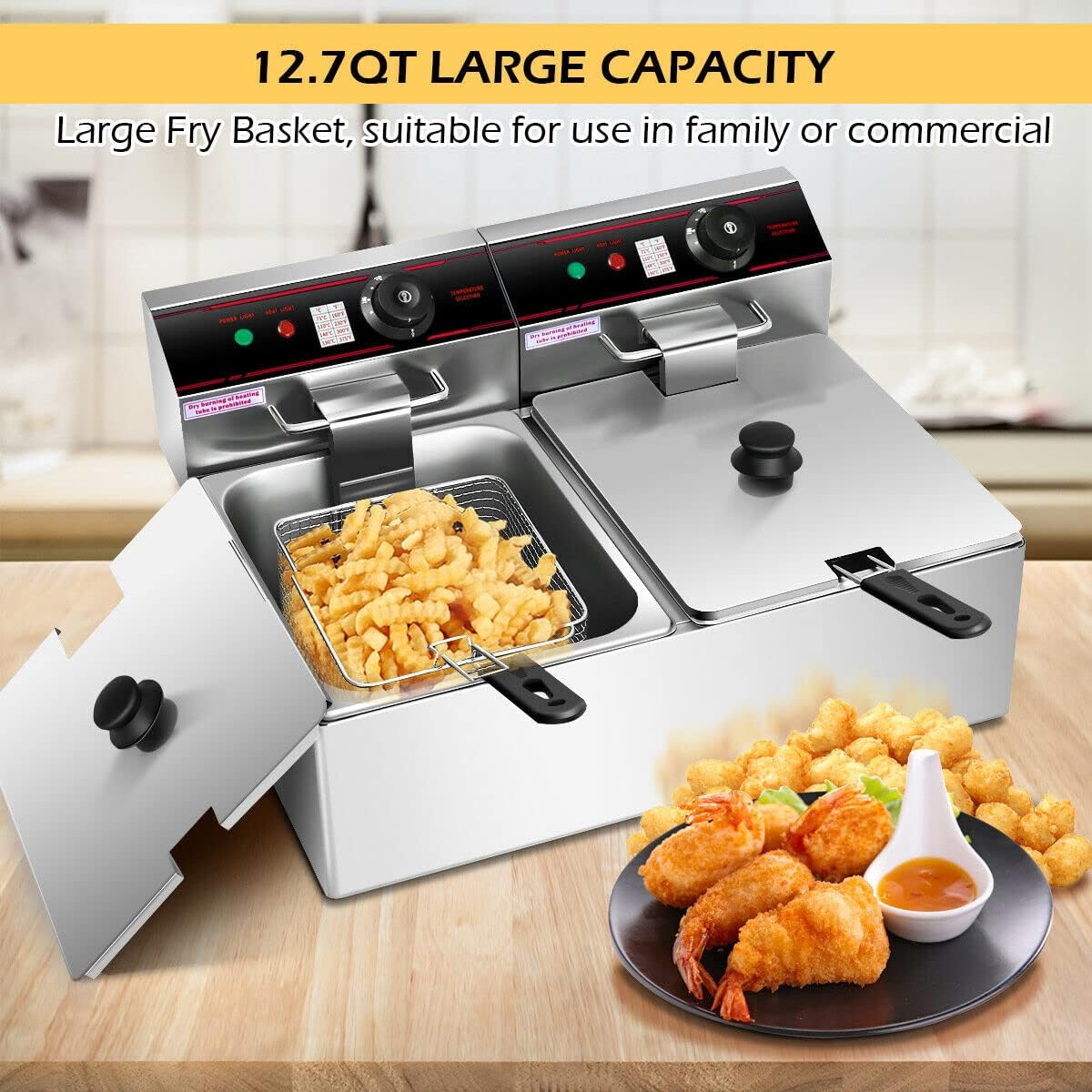 Safstar Professional Electric Deep Fryer, Dual Tank Stainless Steel Chicken Chips Fryer with Basket Scoop for Commercial Restaurant Countertop Family Food Cooking
