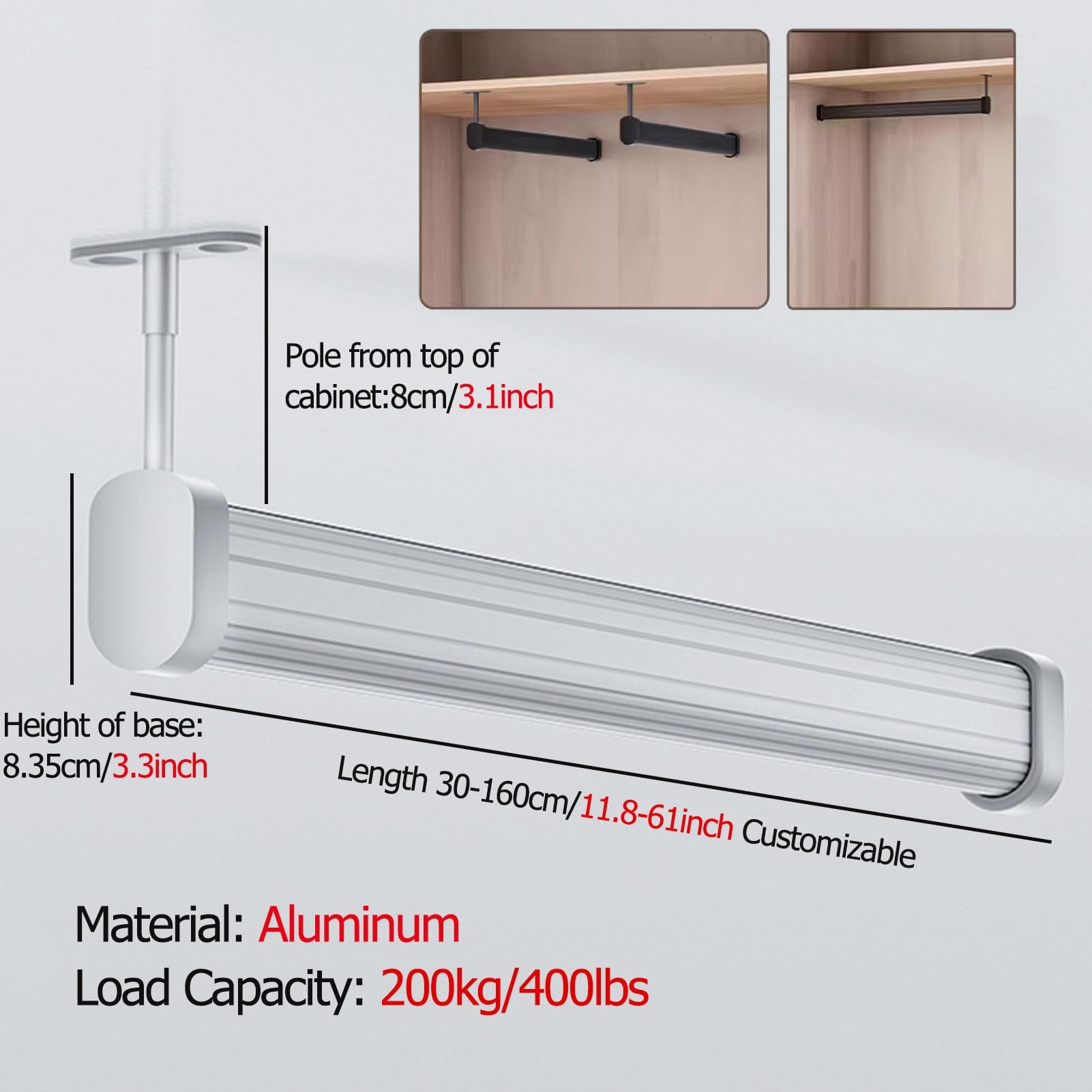 Tringle de séparation de pièce et de placard réglable en aluminium robuste de 104,9 cm avec supports, organiseur de placard noir élégant pour la maison et les espaces de vente au détail