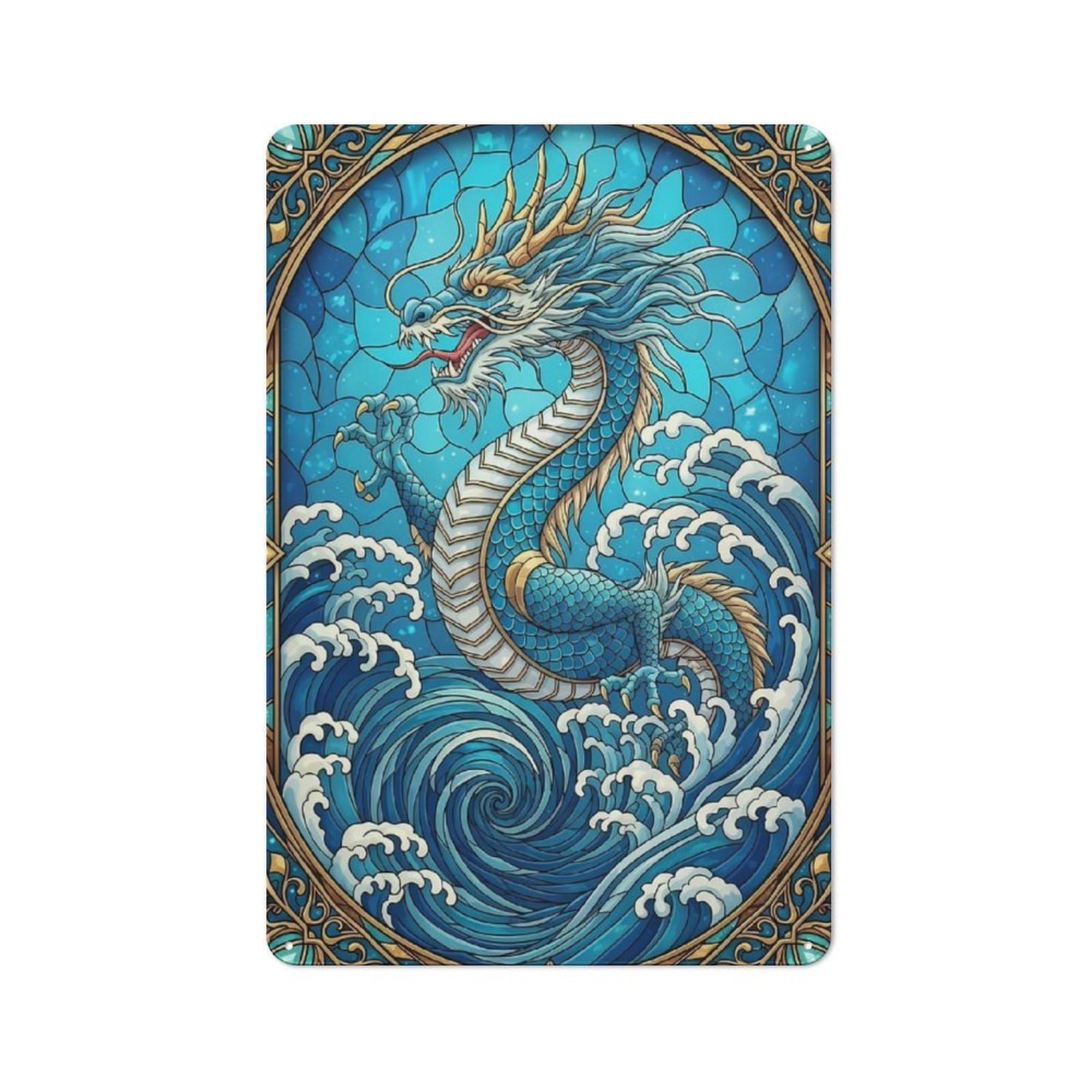Junmoney Style-5 Blue Dragon In Ocean Stained Glass Retro Metal Wall Decor 30X20cm, Vintage Metal Sign For Cafe, Pub, Workshop Or Home Bar