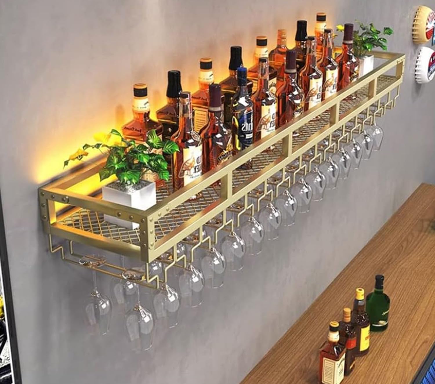 Modern Floating Bar Shelves with LED Light Wall Mounted Wine Rack for Stylish Wine Bottle Storage Display Single Layer Metal Shelf in Gold 60CM