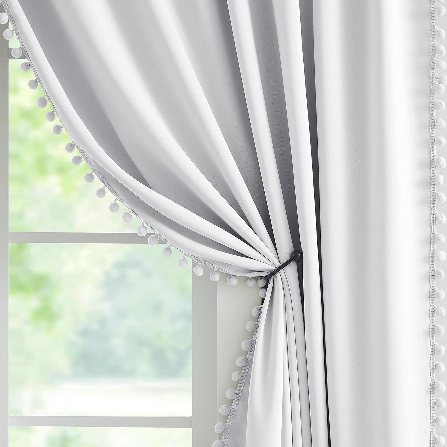 Abstractex Greyish White Pom Pom Blackout Curtains For Bedroom 54 Inch Thermal Insulated Window Drapes For Living Room Darkening Ring Top Eyelet Energy Efficient Treatment Sets For Children Nursery 54"W 1 Pair