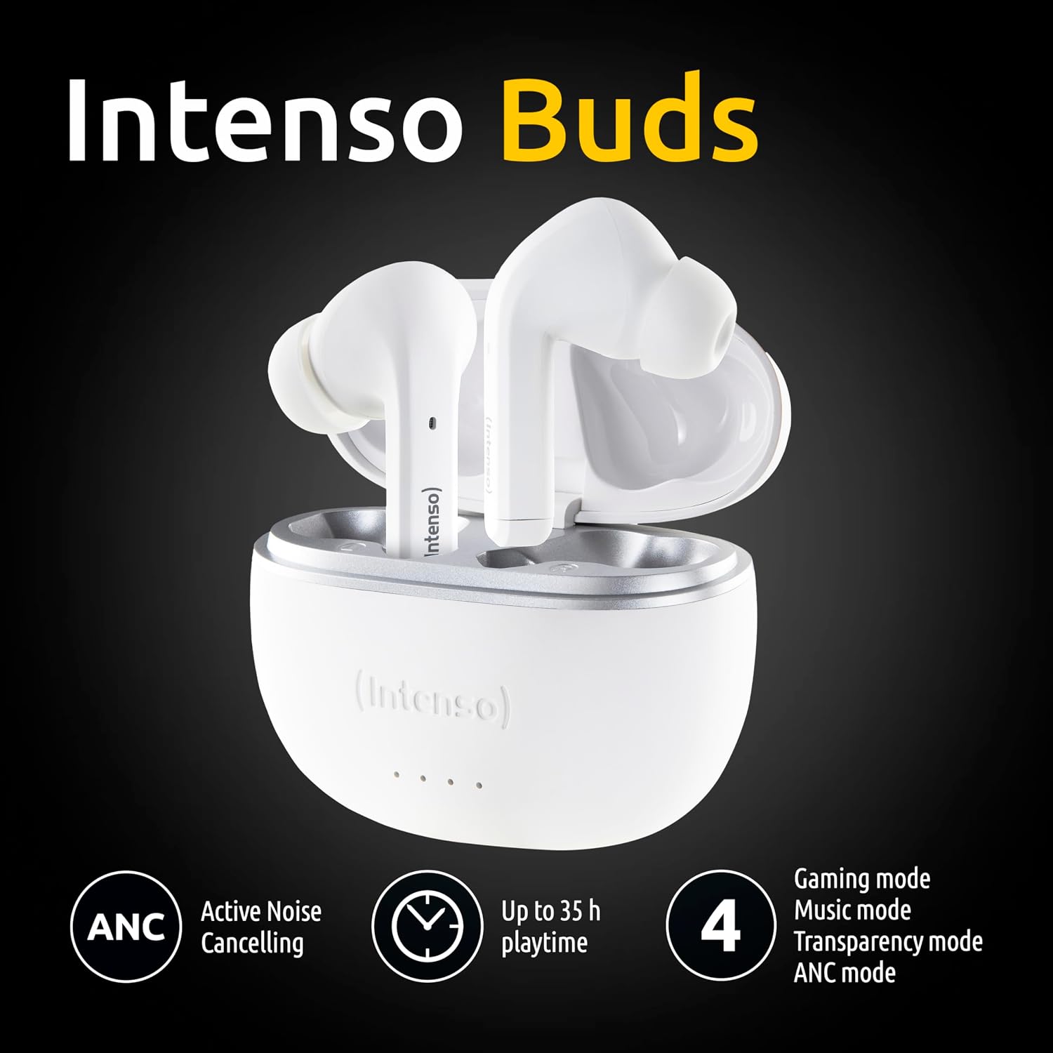 Graphic showing Intenso Buds with icons for ANC, 35h playtime, and 4 modes: Gaming, Music, Transparency, ANC.