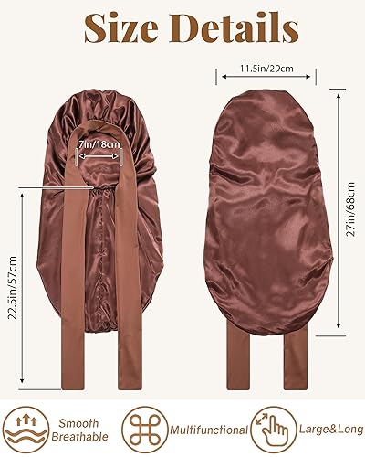 Miniatura 5 de AWAYTR Gorro largo de satén para trenzas, gorro elástico de seda para dormir, banda de amarre elástica para mujeres (marrón)