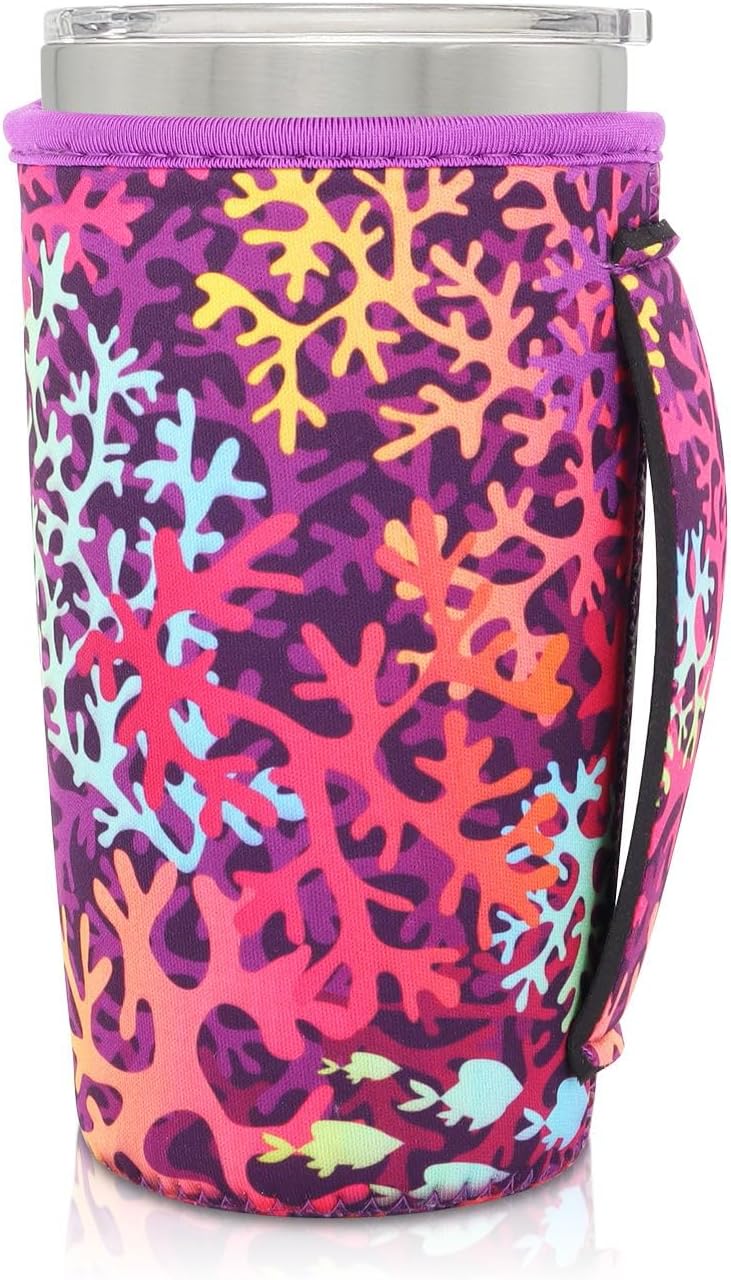 Neoprene Insulated Sleeves Cup Holder with Handle for 20oz Tumbler Cups, Reusable Iced Coffee Sleeve For 30oz - 32oz coffee cups (Sea Coral)