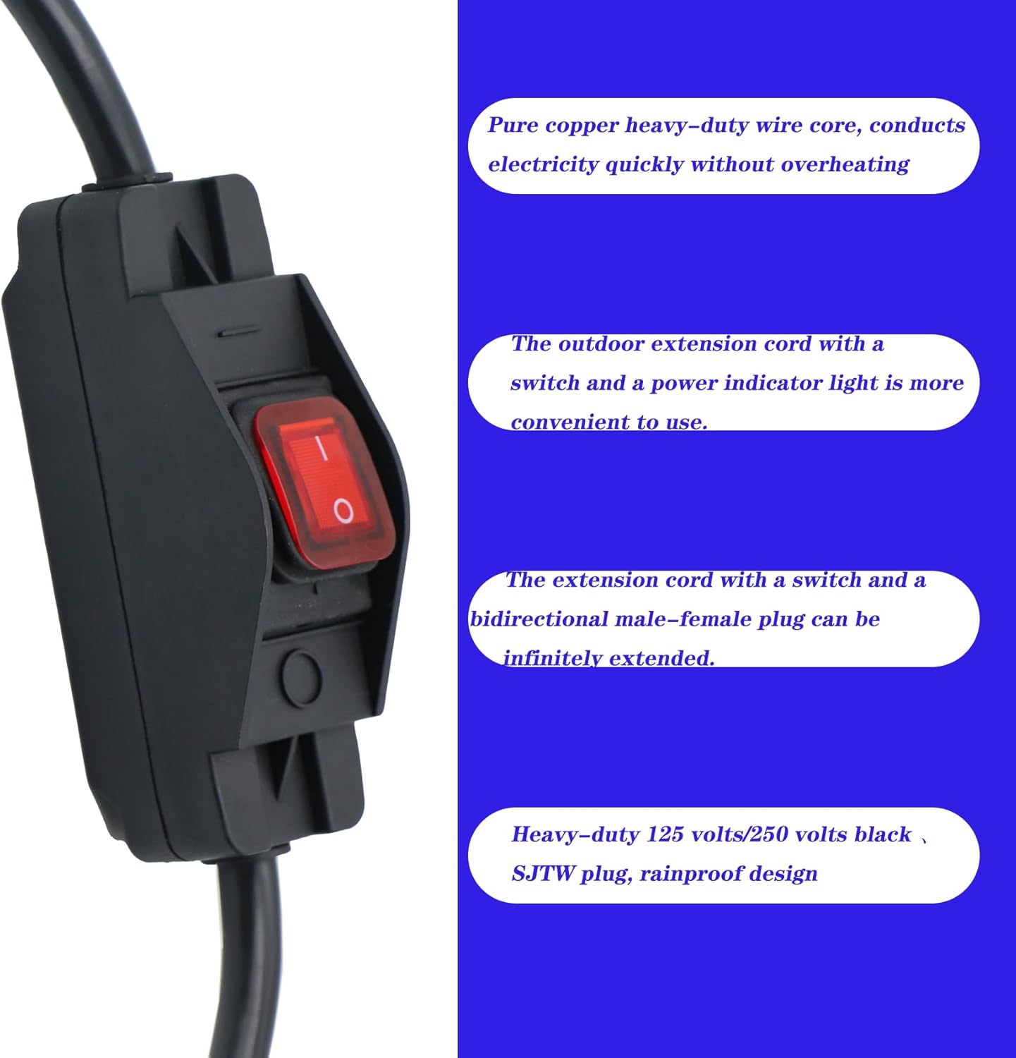 Delgada 10Ft Extension Cord with Switch ON/Off Waterproof Outdoor Power Cord with Switch 14 AWG UL Listed 15A 125V Heavy Duty 3 Prong Black Inline Cord On Off Switch (10F14TAWG)