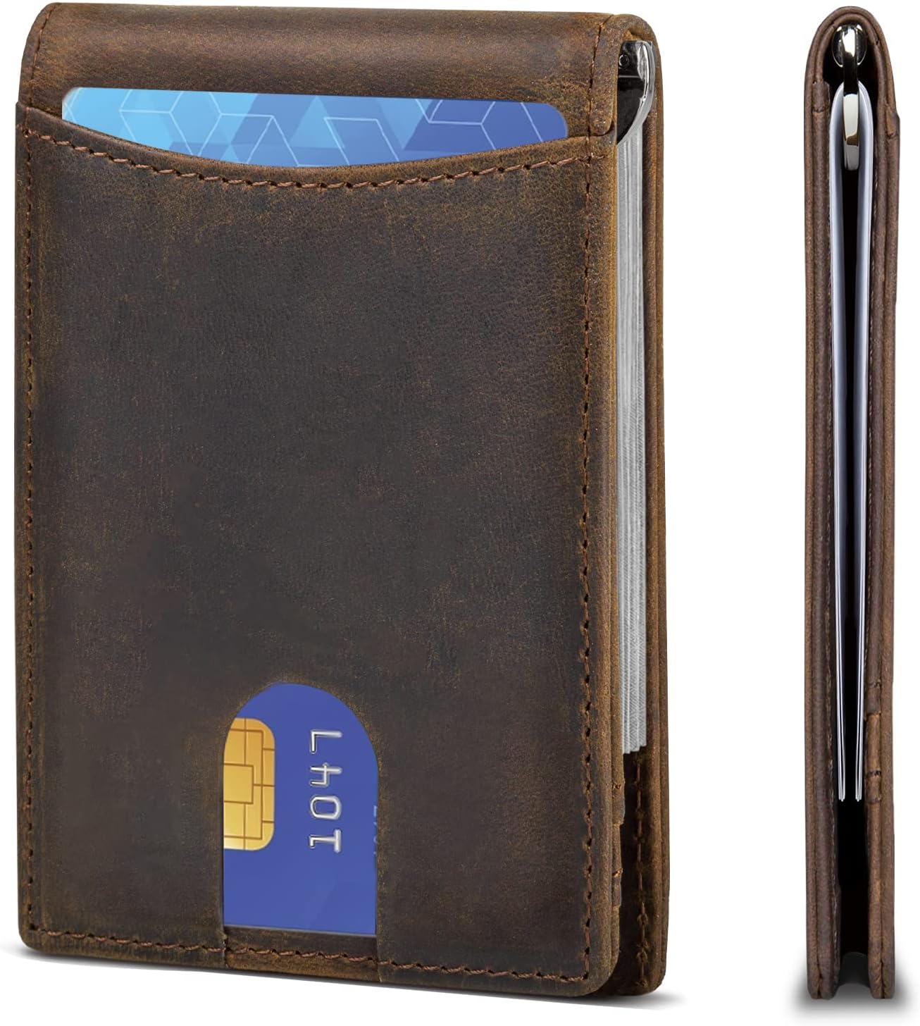 HRS Slim Wallets for Men, Genuine Leather Bifold Men's Wallet RFID Blocking Minimalist Front Pocket with Money Clip