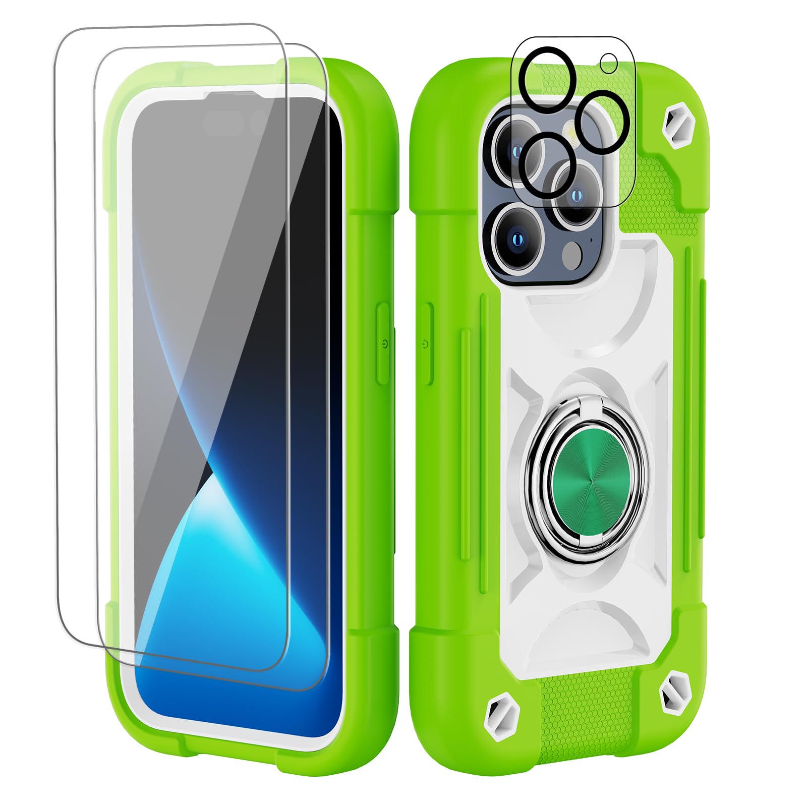 Compatibile con iPhone 15 Pro Max 6,7" - Custodia resistente agli urti di grado militare con anello di supporto, protezione per lo schermo in vetro e protezione per lenti della fotocamera