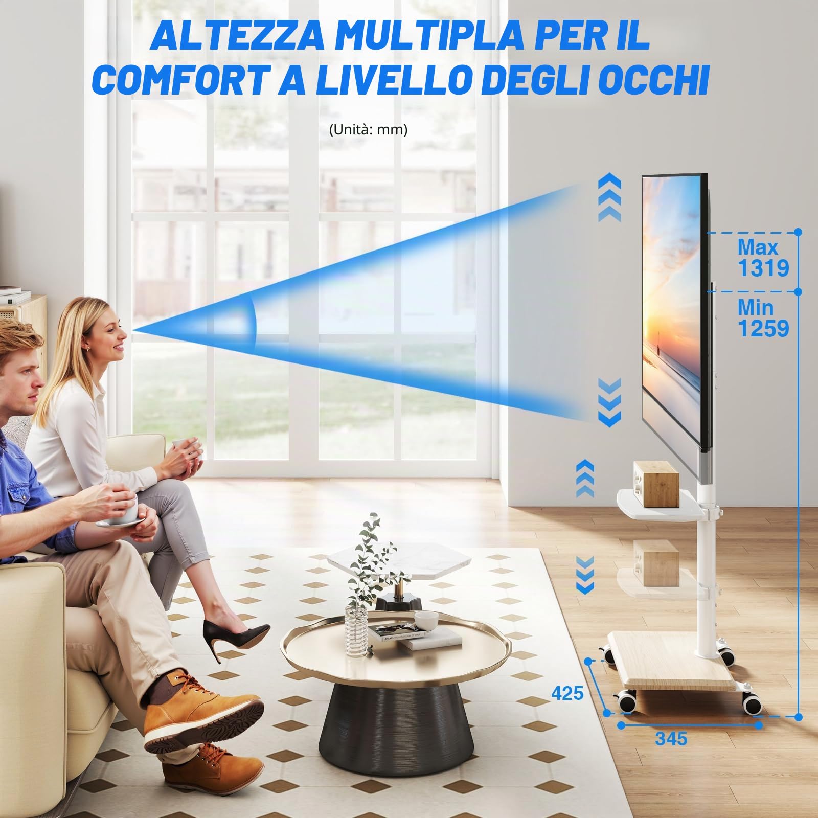 5Rcom TV Portatile con Piedistallo con Ruote per 27-55 Pollici, Supporto TV da Pavimento con Legno Base, TVs con le Ruote con Ripiano Max VESA 400x400mm 30kg (Bianca)
