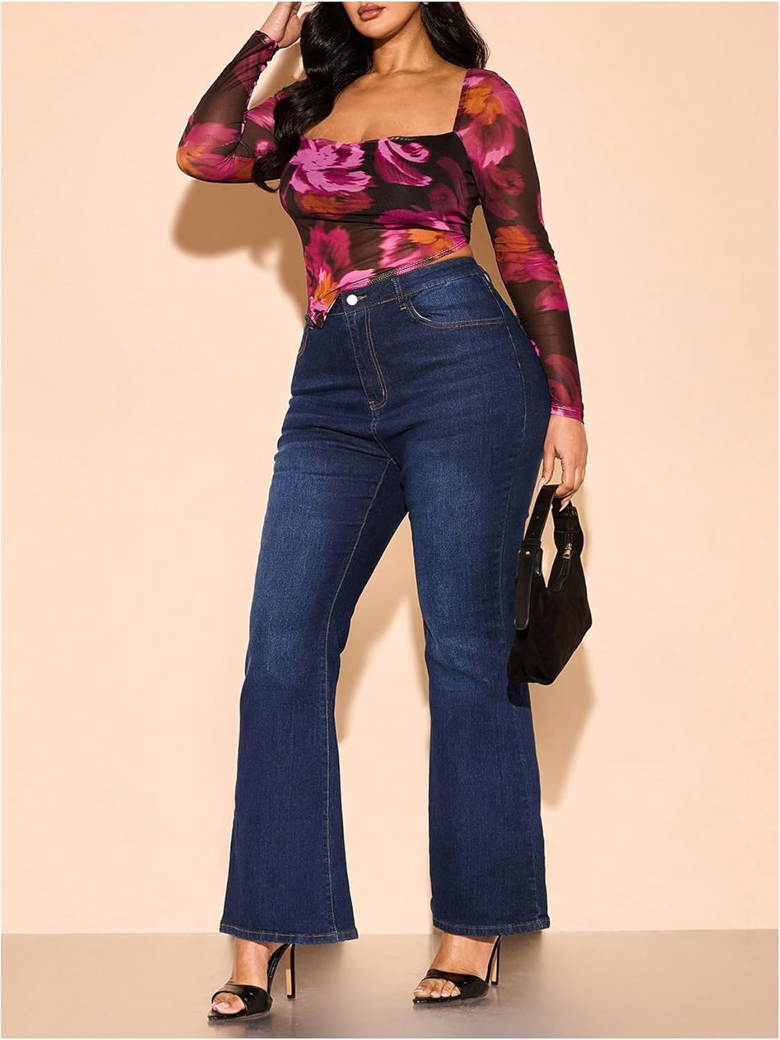 WDIRARA Women's Plus Size Floral Sheer Mesh T Shirt Asymmetrical Long Sleeve Backless Tee Tops - Image 4