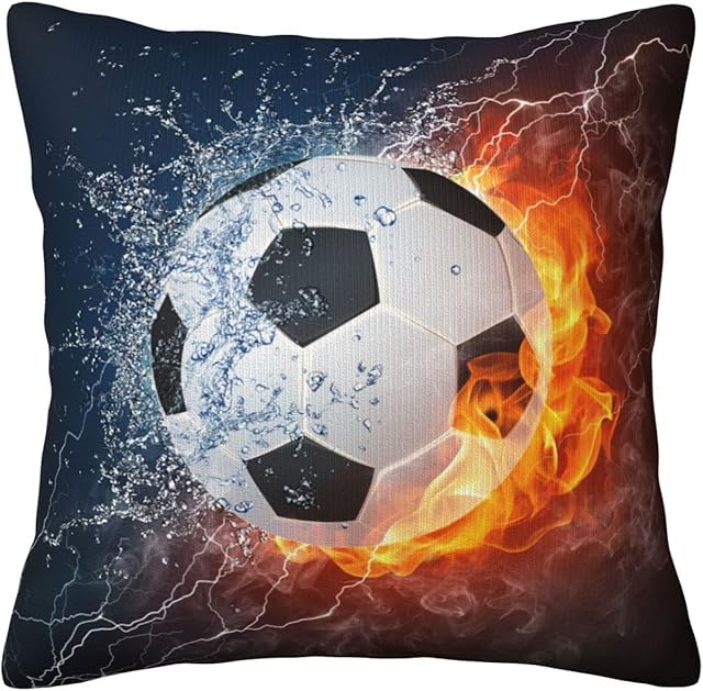 Throw Pillow Cover Soccer in Fire and Water Decorative Pillows Case Football Ball Sports Throw Pillowcase Cushion Cover for Home Couch Bed Sofa Decor, 18x18 inch