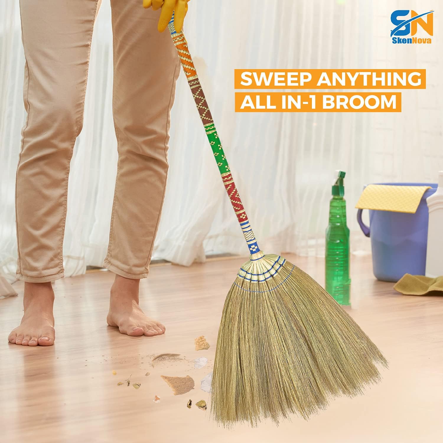 SN SKENNOVA Asian Broom for Cleaning Floor Handheld Household Broom for Outdoor and Indoor House Broom Hardwood Sweeper with Brush Power and Circle Cleaning Green
