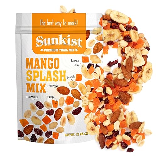 Sunkist Mango SplashTrail Mix - Combo de frutas y nueces, bajo en sodio, aperitivo sin gluten con mango, arándanos, chips de plátano, almendras y